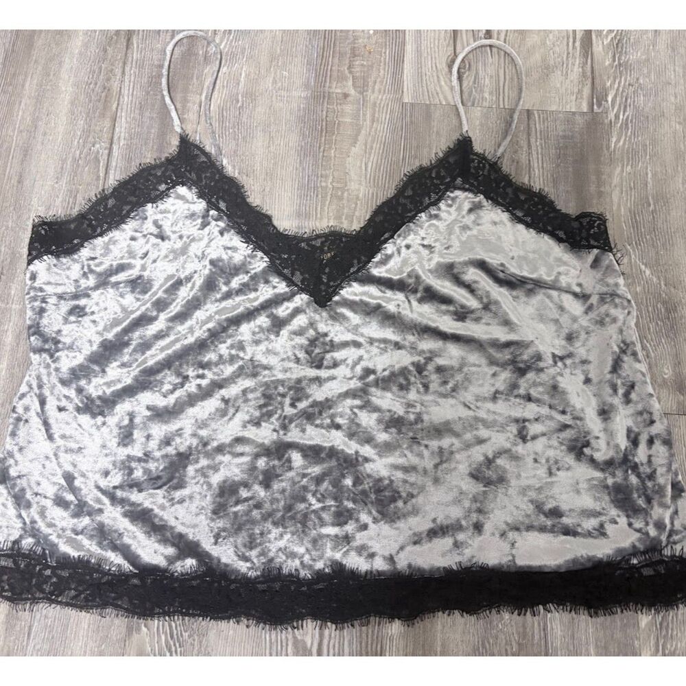 Forever 21 Camisole Cropped XL Gray Black Lace Trim Crushed Velvet Y2K Boho